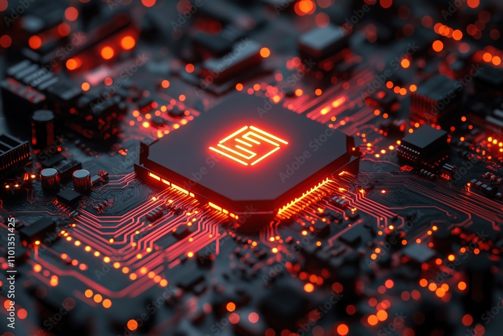 Poster circuit board with glowing processor showcases advanced technology in a dark environment