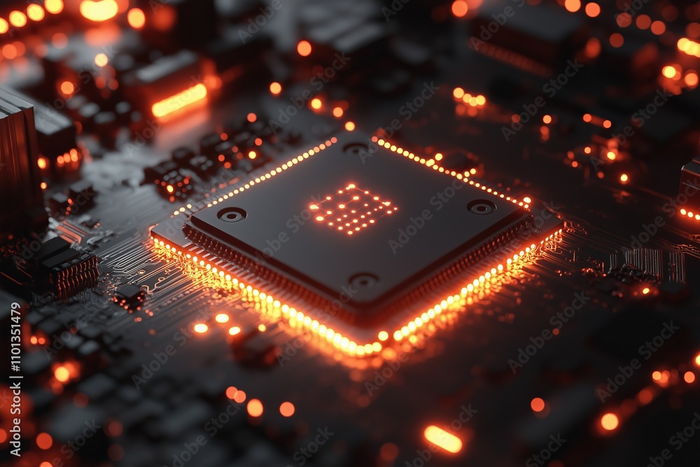 Poster close-up view of a glowing microchip on a circuit board showcasing intricate electronic design