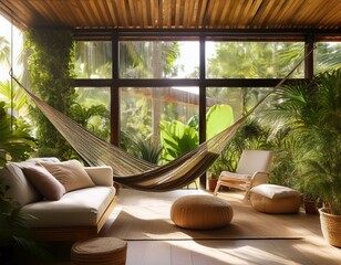 Fototapeta premium tranquil eco-lodge interior showcasing sustainable living. lush indoor plants