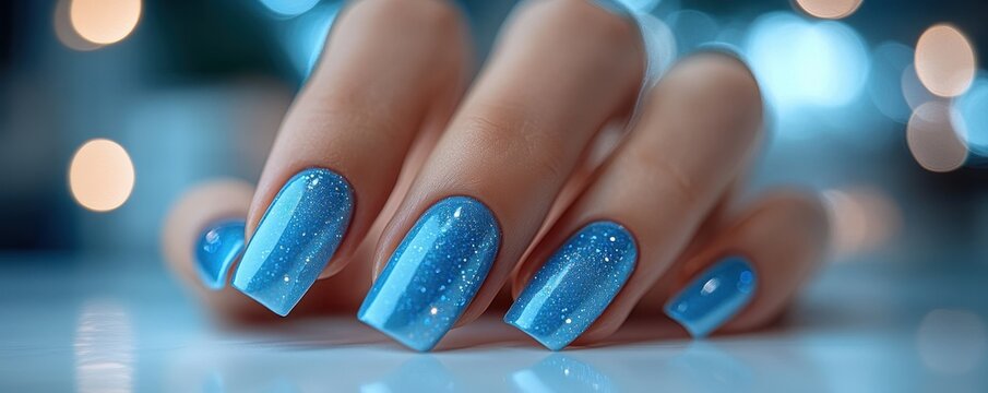 Stylish woman's hand with long blue nails against a pristine white background
