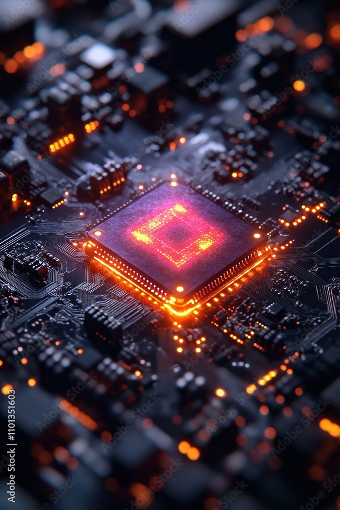 Poster high-tech circuit board with glowing processor showcasing advanced computing technology