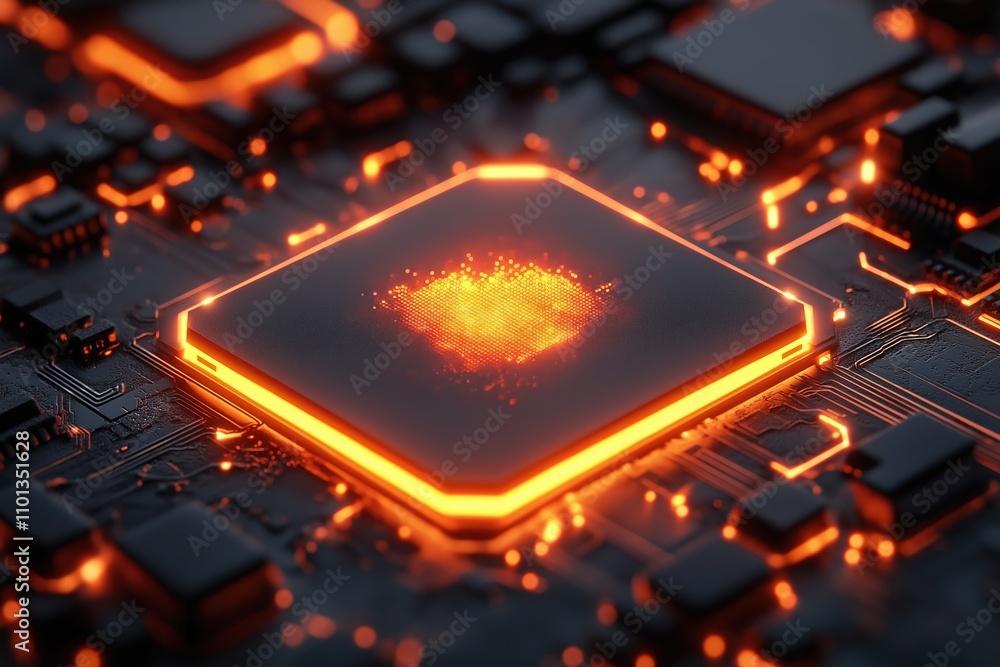 Aufkleber close up of a glowing microprocessor on a futuristic circuit board