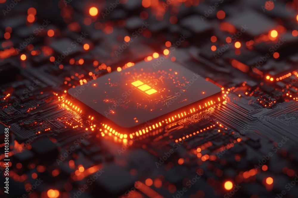 Poster high-tech processor surrounded by glowing circuit board components at night