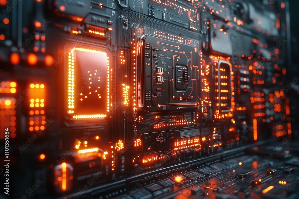 Poster complex patterns of glowing circuitry showcasing advanced technology in a digital environment