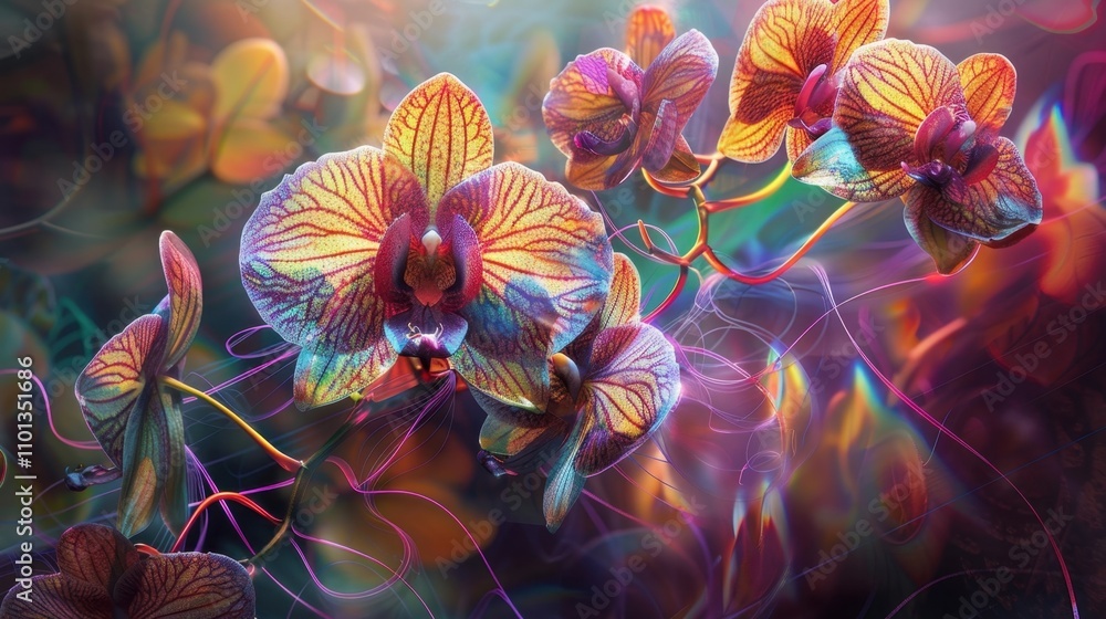 Aufkleber a mindbending expanse of towering rainbowhued orchids their twisted forms creating a kaleidoscope of