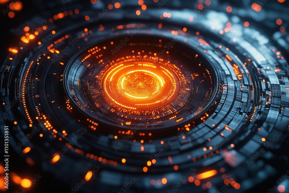 Poster futuristic glowing abstract circular design with bright orange core and dark background