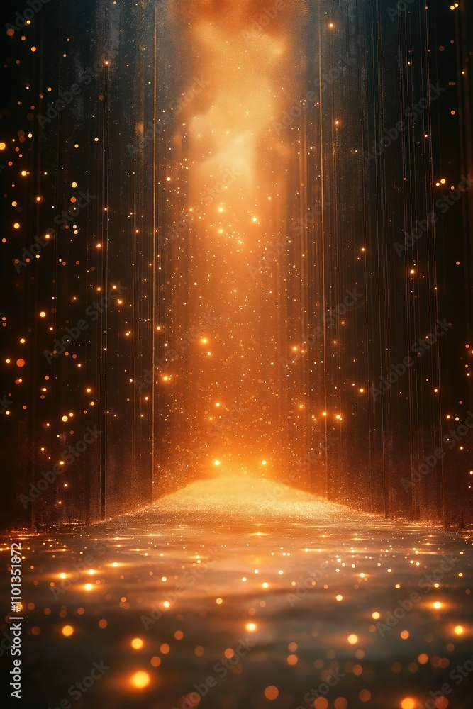 Poster illuminating orange light cascading through a dark space with sparkling particles