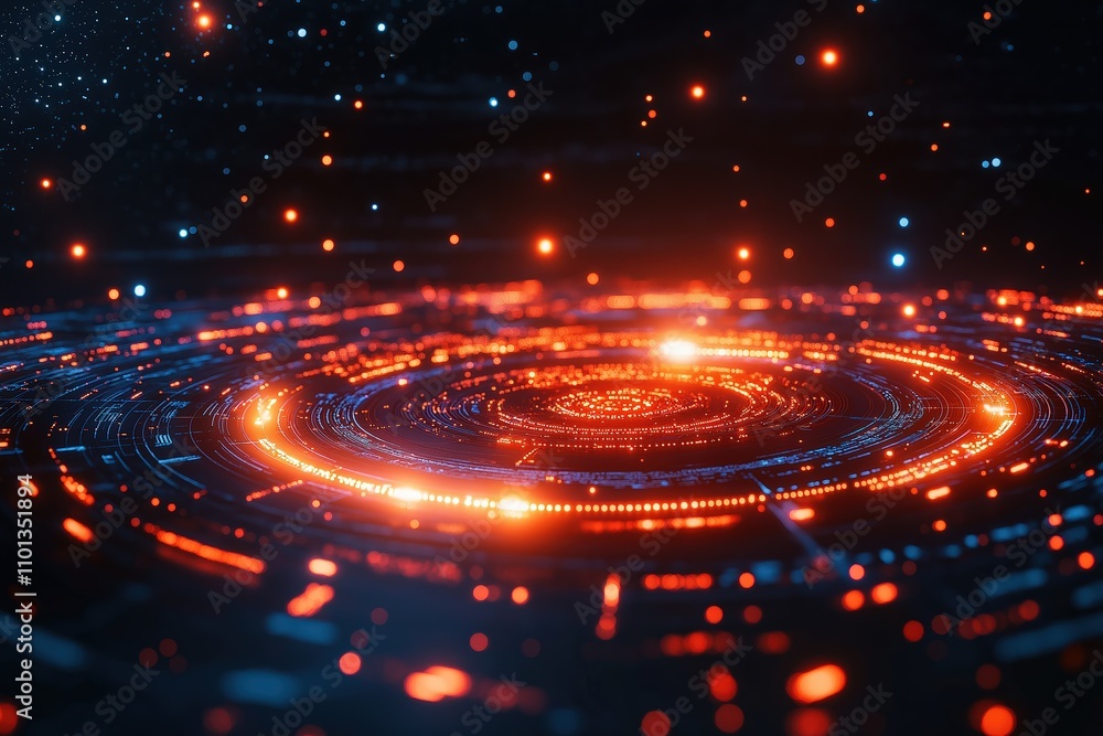 Poster swirling patterns of light and color create an abstract cosmic landscape at night