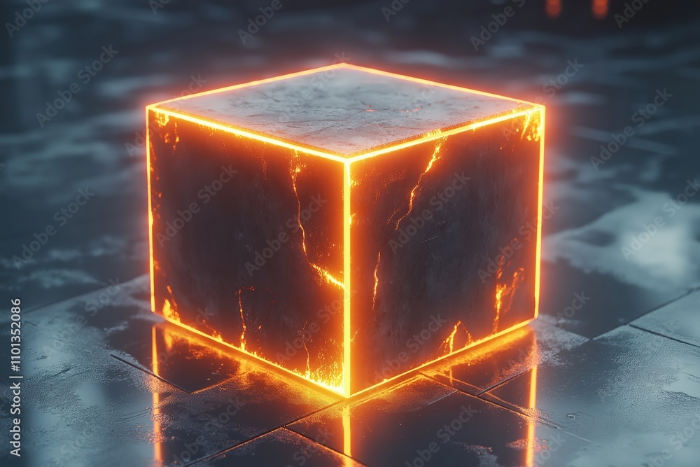 Aufkleber visually striking cube with glowing edges displayed in a dark, reflective environment