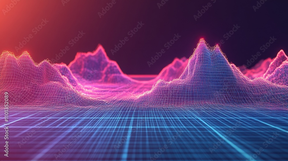 Poster a digital landscape of vibrant peaks and valleys, representing data visualization or 3d modeling.