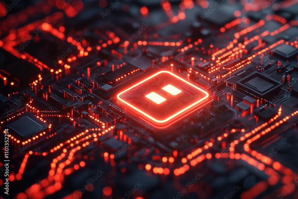 Poster vibrant circuit board illuminated with red lights and intricate electronic components