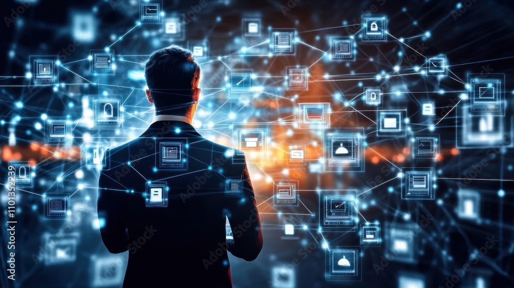 Poster silhouette of person surrounded by digital technology and data visualizations