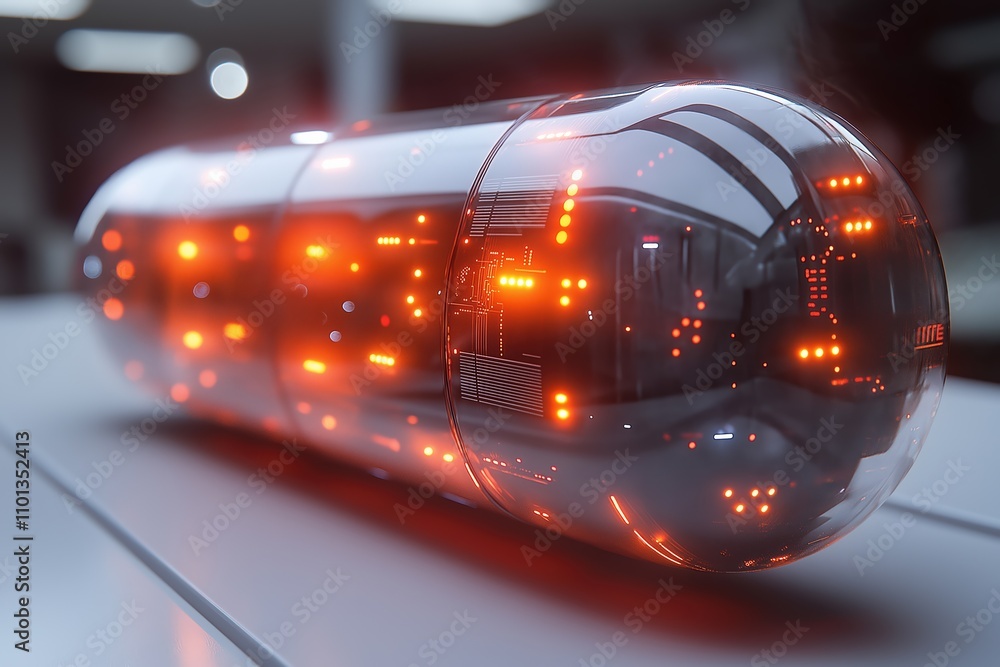 Poster futuristic glowing capsule with advanced technology in a modern setting