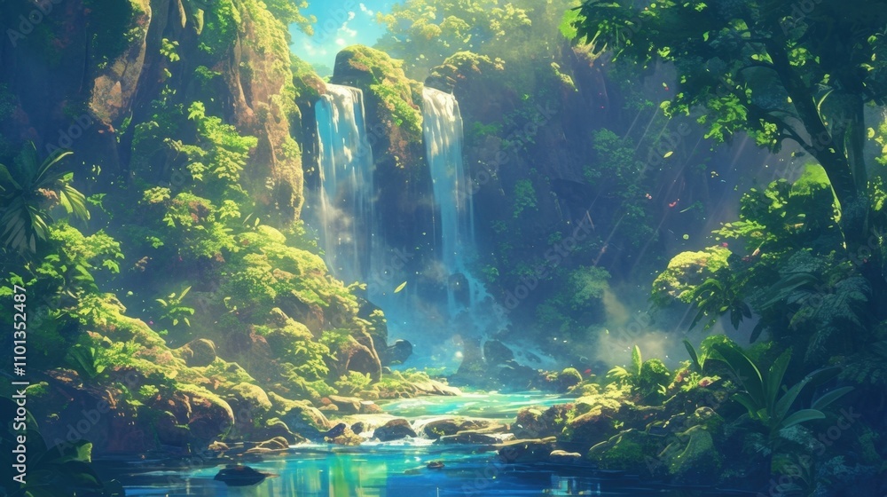 Poster surrounded by lush moss and ferns the enchanted waterfall feels like a secret haven hidden from the 