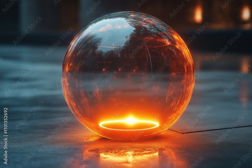 Aufkleber bright glowing orb resting on a reflective surface in an urban setting during twilight