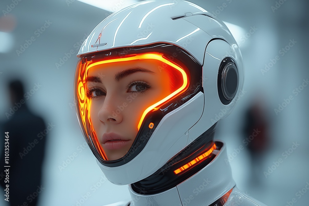 Aufkleber futuristic humanoid in a sleek helmet with glowing elements exploring advanced technology