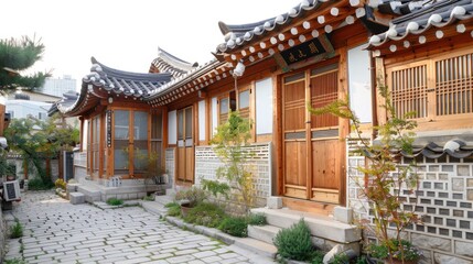 photograph of Bukchon Hanok Village, Korean traditional house in Seoul, South Korea