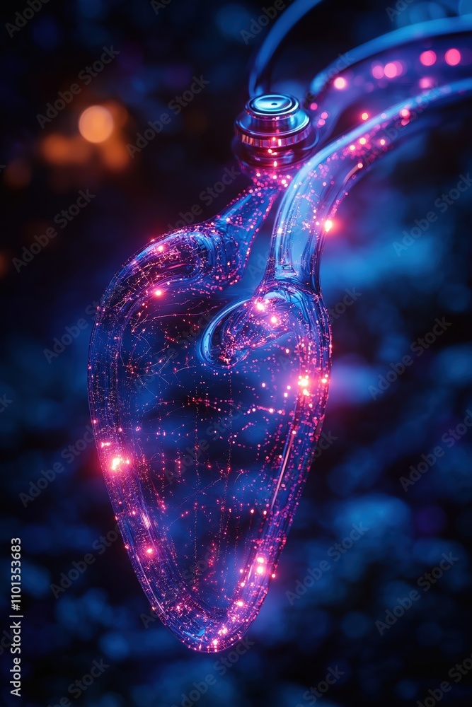 Poster innovative artificial intelligence heart design with glowing elements in a futuristic setting