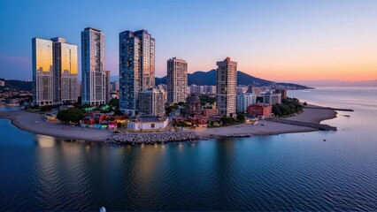 Naklejka premium Generative AI, Coastal Cityscape at Sunset with Glass Skyscrapers and Ocean Views