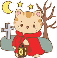 Illustration of cute kitty halloween icon.
Funny halloween cat in daily activities elements.
