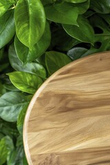 Chic wooden furniture arrangement, rustic elegance, natural wood tones, top view focus, complemented by vibrant greenery in background.