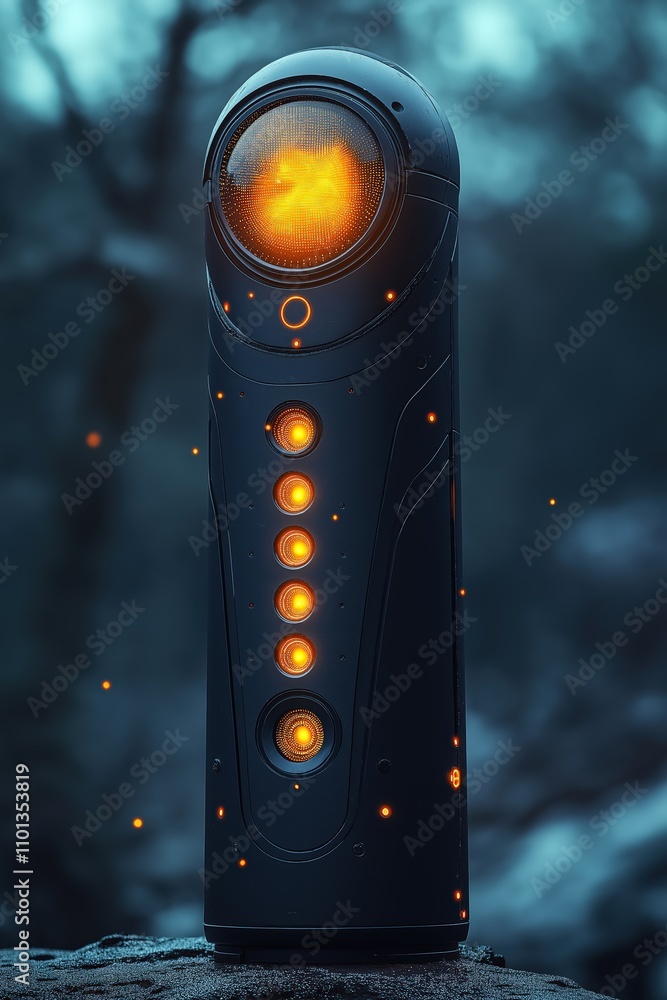 Poster innovative ai device with glowing features in a dark forest setting