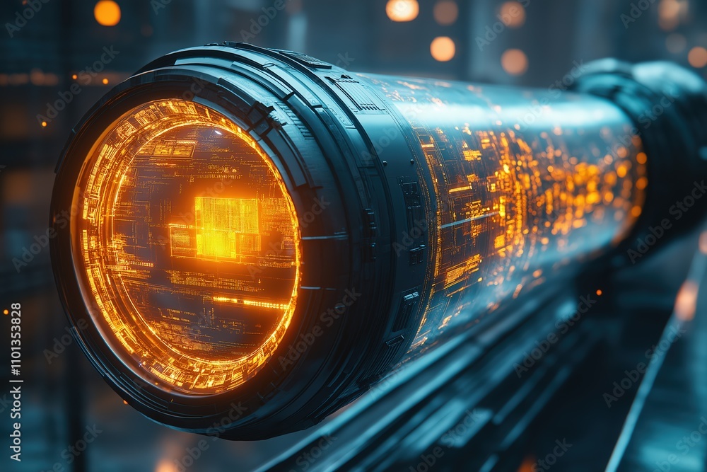 Poster futuristic technology display featuring an illuminated cylindrical device with intricate details