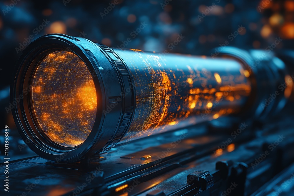 Poster futuristic energy core illuminated with vibrant patterns in a dark, technological environment