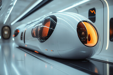 Fototapeta premium Futuristic transport pod interior designed with sleek lines and ambient lighting