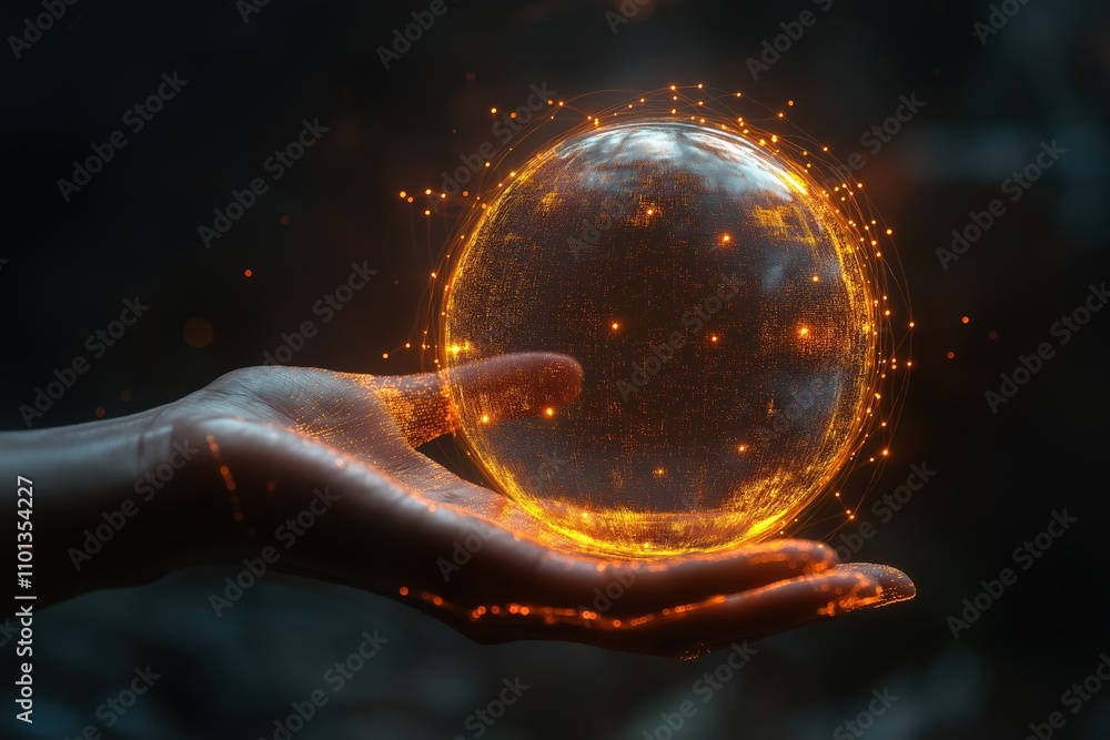 Poster hands hold a glowing orb surrounded by shimmering particles in a mystical setting