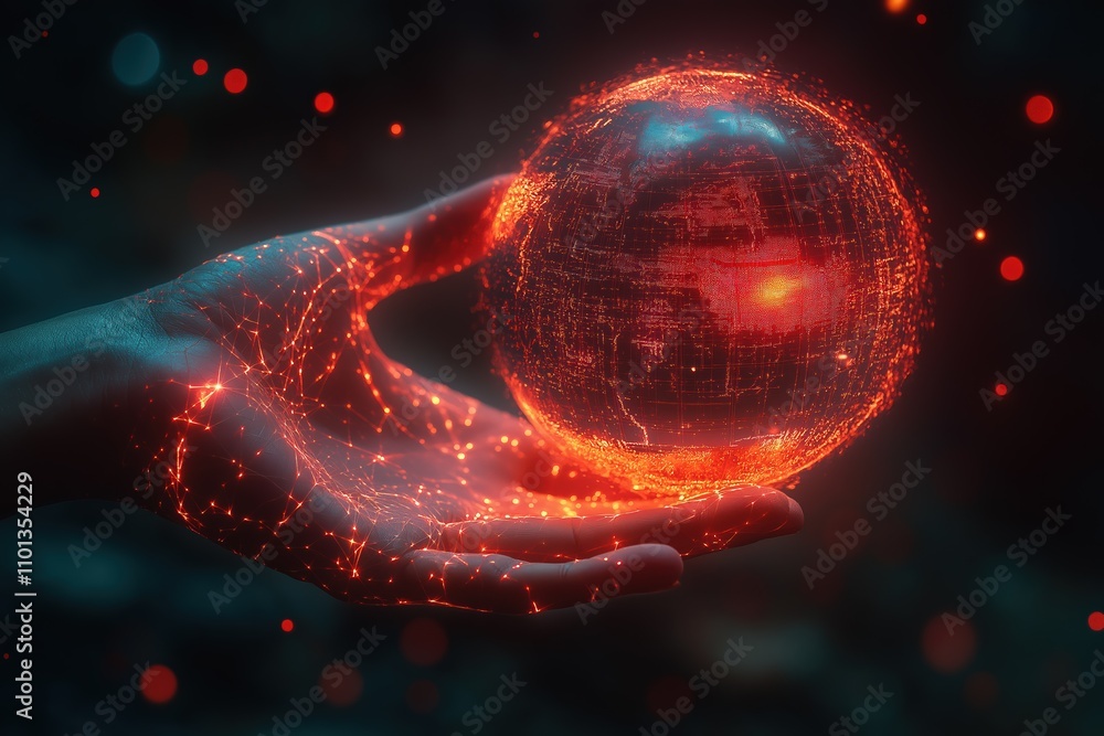 Poster manifestation of artificial intelligence within a glowing digital sphere held in a hand