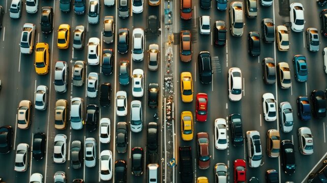 photograph of Cars were stuck in a traffic jam on the highway. The high way road had cars standing close together. The concept of urban scenery with vehicles.