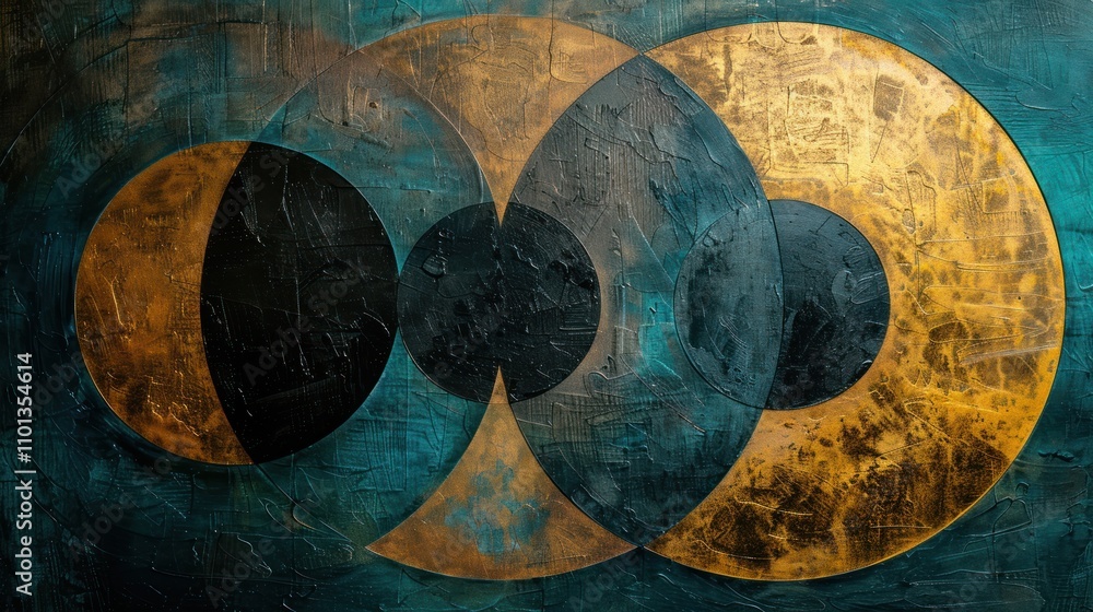 Poster abstract artwork featuring overlapping circular shapes in gold and dark tones.