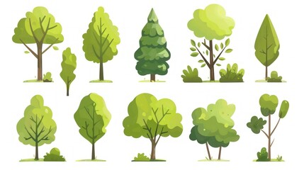 photograph of Cartoon trees set isolated on a white background. Simple modern style. Cute green plants, forest. Can be used to illustrate any 