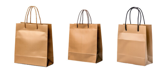 Set of Eco-friendly brown paper bags with handles isolated on transparent background
