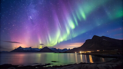 a night sky and mountains, vibrant, magiс, northen lights, sea