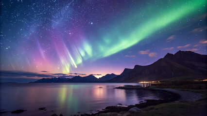 a night sky and mountains, vibrant, magiс, northen lights, sea
