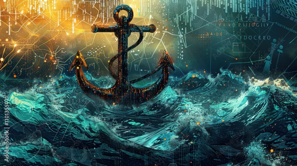 Poster An anchor rises from turbulent waves, surrounded by digital elements and abstract patterns.