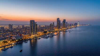 Fototapeta premium Generative AI, Coastal Cityscape at Sunset with Glass Skyscrapers and Ocean Views