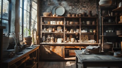 Naklejka premium Rustic kitchen shelves filled with pottery and utensils