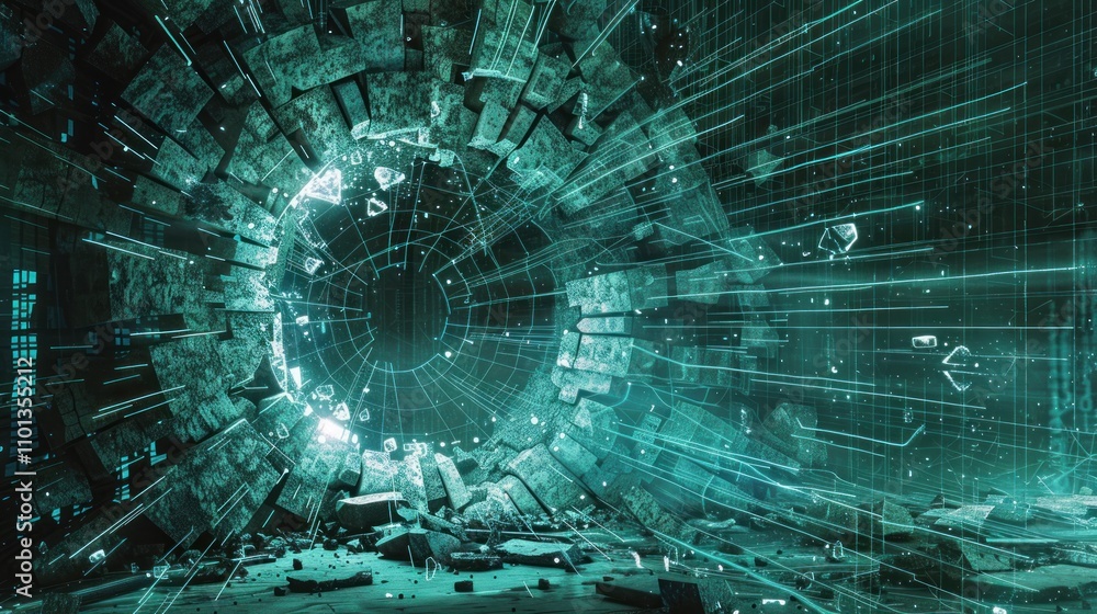 Aufkleber a futuristic portal surrounded by fragmented structures and digital elements.