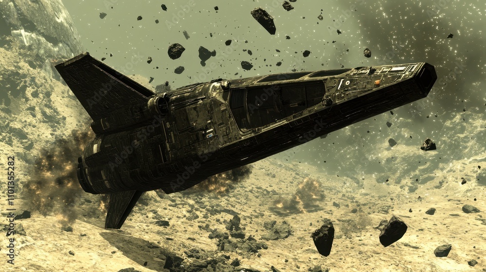 Poster a futuristic spacecraft navigating through an asteroid field in space.