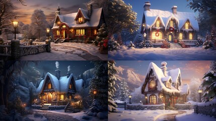A charming cottage nestled in a snowy landscape, where the warmth of Christmas glows from within, inviting all to share in the festive spirit.