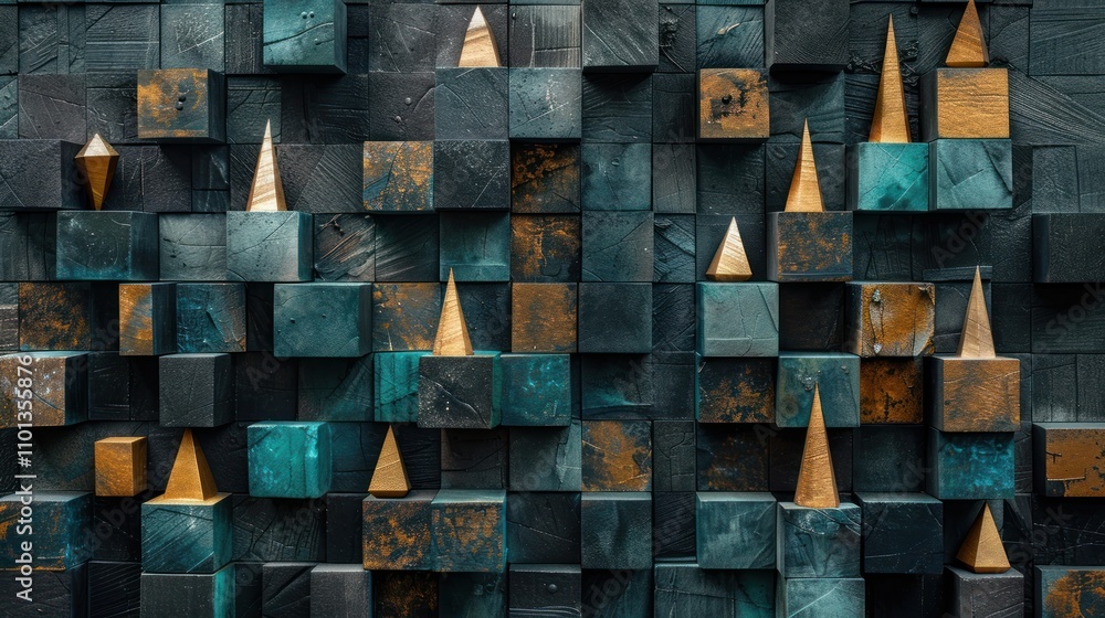 Aufkleber abstract geometric composition with textured blocks and conical shapes in contrasting colors.