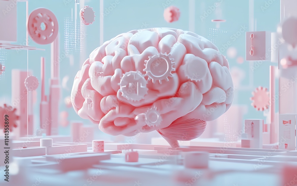 Poster ai brain with dynamic business and technology icons like gears and graphs, 3d rendering on a soft li