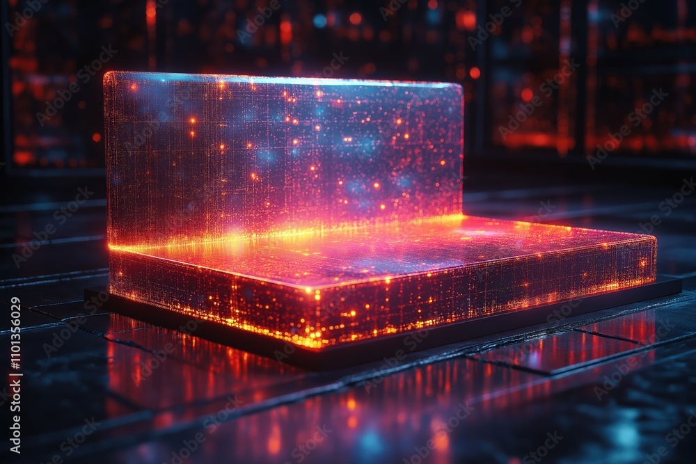 Poster abstract glowing structure resembling a bench in a futuristic digital environment at night