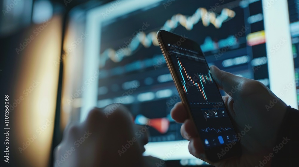 Aufkleber photograph of close up of a hand holding a smartphone with a stock market graph on the screen, a tra