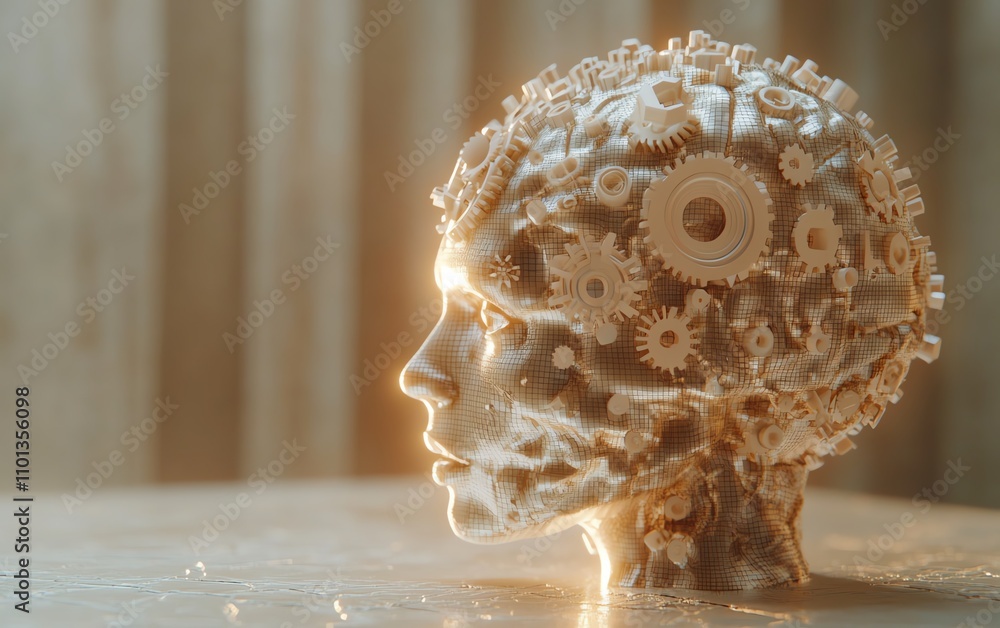Poster ai brain with dynamic business and technology icons like gears and graphs, 3d rendering on a soft li