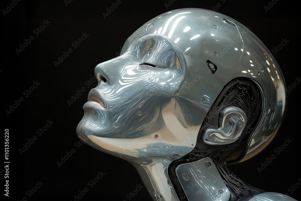 Poster humanoid ai model displays advanced tech and a calm expression at an expo