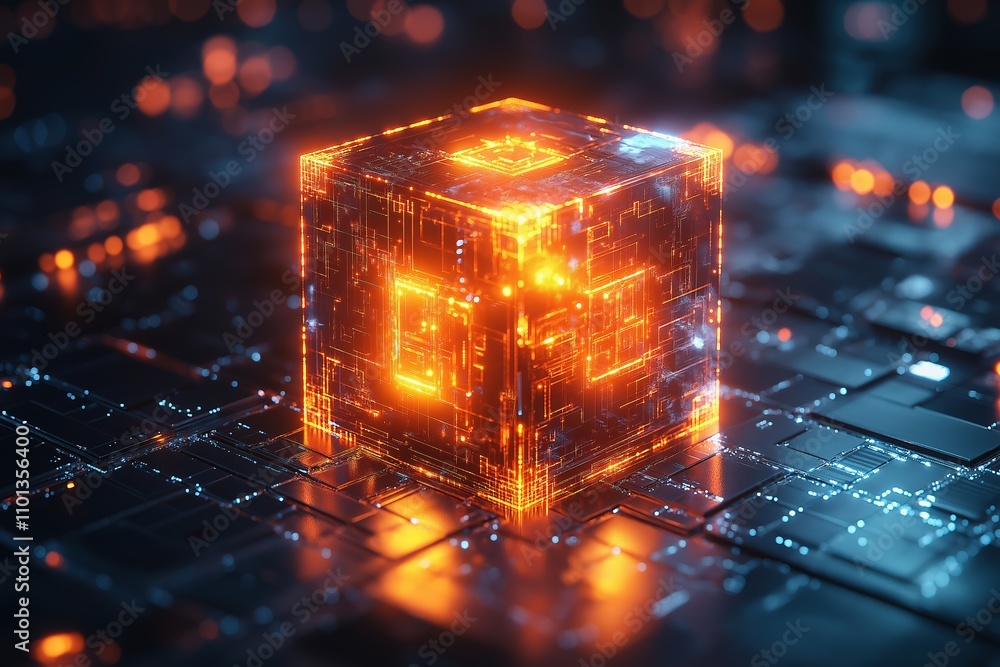Poster illuminated digital cube surrounded by intricate circuit patterns in a futuristic environment